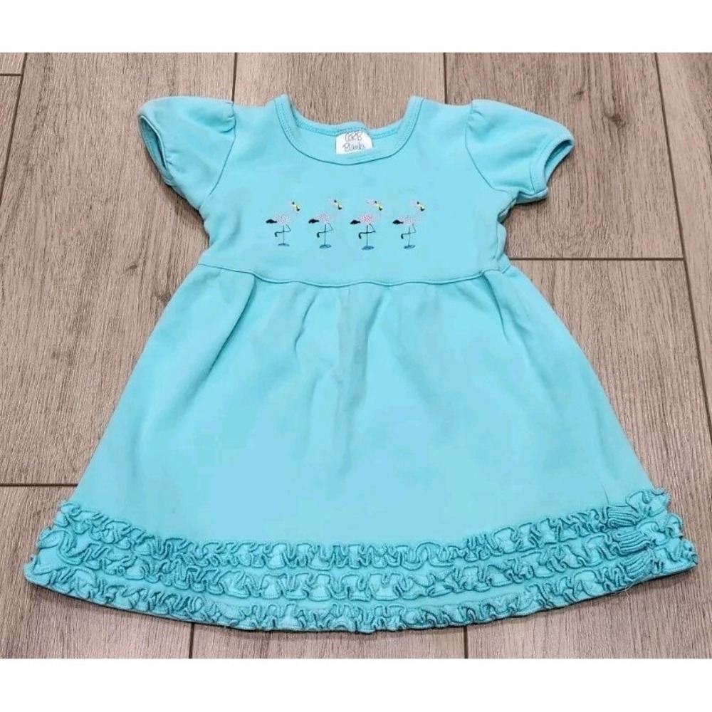 Toddler Girl 2T Blue Dress w/ Pink Flamingos & Ruffle Detail Short Sleeve Cotton